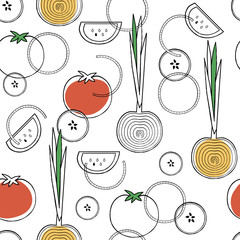 Vegetables seamless pattern. Linear vegetables background. Healthy organic food backdrop. Vector illustration - 124717026