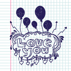 Decorative inscription, poster. Valentine's Day postcards. Love you. Balloons. 