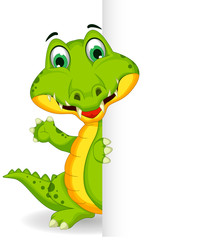 funny crocodile cartoon posing with blank sign