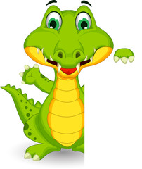 funny crocodile cartoon posing with blank sign