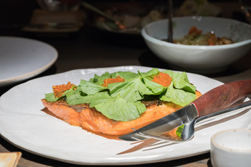 Grilled Salmon with fresh salad . Selective focus
