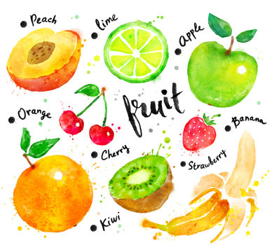 Watercolor set of fruit with lettering