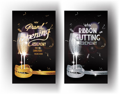 Grand opening gold and silver vertical banners with confetti, glasses of champagne and sparkling ribbons