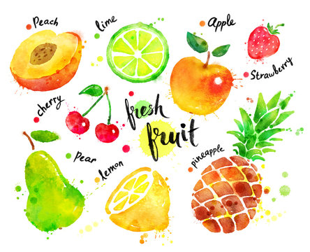 Watercolor colorful set of fruit
