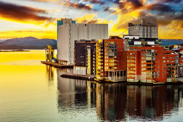 Stavanger panorama at sunrise view from bridge, Norway.