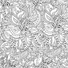 Fototapeta premium Hand drawn zentangle flowers and leaves seamless pattern