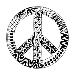 Hippie vintage peace symbol in zentangle style