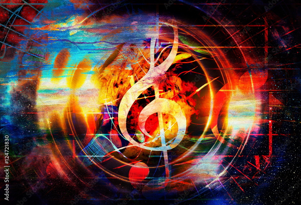 Poster beautiful abstract colorful collage with music notes and the violin clef in space.