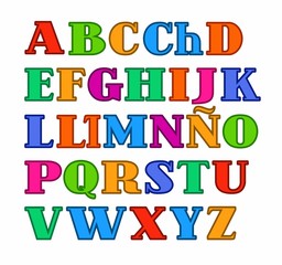 Spanish alphabet, uppercase colored letters with the contour vector. Vector colored serif font and a subtle contour on white background. 