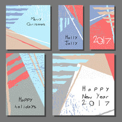 Collection of New Year and Christmas cards. Greeting card set with hand drawn abstract background. Posters set. Colorful vector illustration