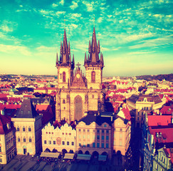 Obraz premium Old Town Square with Church of Our Lady before Tyn in eastern european Czech capital Prague -vintage view from Town Hall