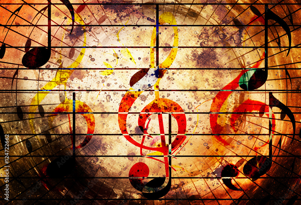 Poster abstract set of music clefs and lines with notes, music theme graphic collage.