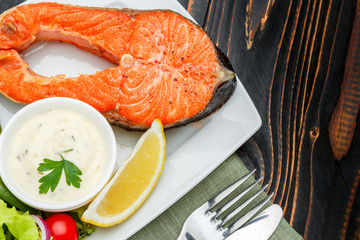 Crispy roasted salmon steak