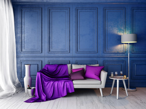 Interior in classic style with blue wall and white sofa mockup