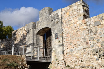 Puerta de muralla de un castillo en ruinas. 
