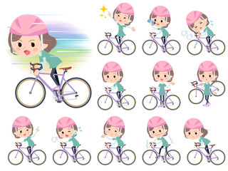 Blue-green wear Middle woman ride on rode bicycle