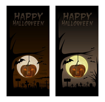 Halloween design. Happy Halloween. Full moon over cemetery. Poster template for Halloween