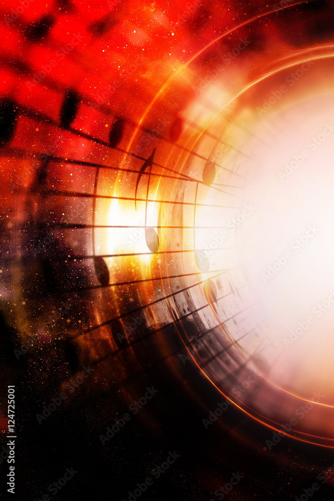Poster music notes in space with stars. abstract color background. Music concept. Copy space.