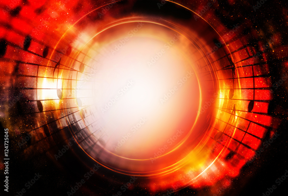 Poster music notes in space with stars. abstract color background. music concept. copy space.