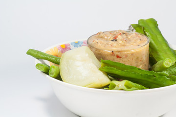 Thai cuisine nam prik or chili paste mixes with fish 
Thai cuisine nam prik or chili paste mixes with fish serves with various vegetables