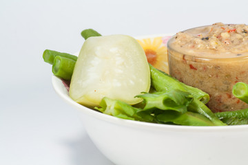 Thai cuisine nam prik or chili paste mixes with fish 
Thai cuisine nam prik or chili paste mixes with fish serves with various vegetables