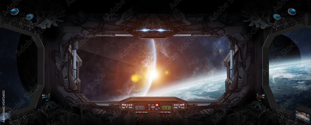 Poster View of outer space from the window of a space station