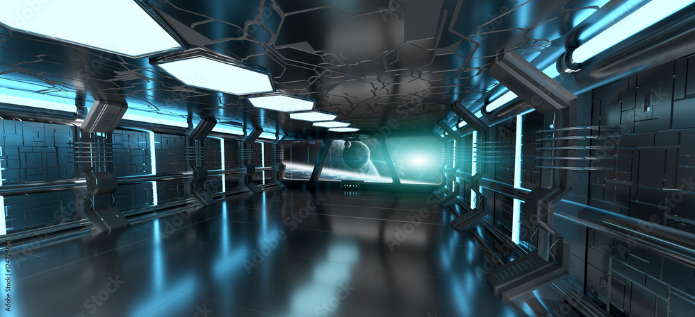 Fototapete Spaceship interior with view on distant planets system 3D render