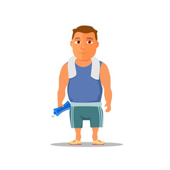 Cartoon guy after work out, with towel and water bottle. Vector