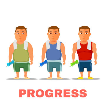 Cartoon guy fit progress, after work out, with towel and water bottle. Vector