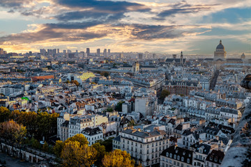 Aerial Vintage Paris France from Notre-Dame Cathedral with the Pantheon in the background. Autumn shot.
