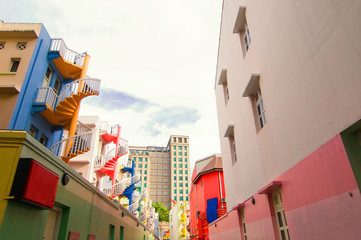 Fototapeta na wymiar Colorful spiral stairs of Singapore's Bugis Village 