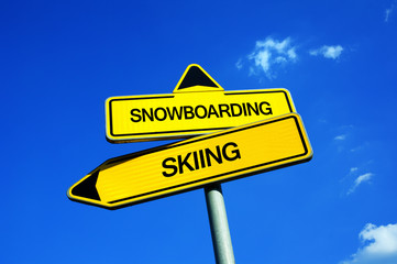 Skiing vs Snowboarding - Traffic sign with two options - preference of winter sport and recreational activity. Skiers or Snowboarders and their skis and snowboards