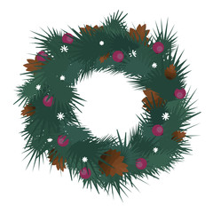 illustration of decorated christmas wreath with ball and pine cone