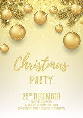 Merry Christmas party flyer. Elegant vector illustration with glass toys and gold confetti. Beautiful background with golden balls and shining lights. Design of invitation to night club.