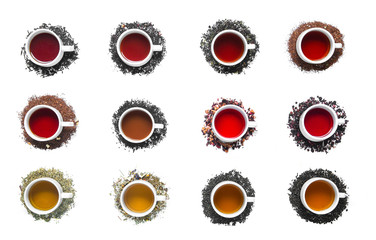 collection of different teas in cups.
