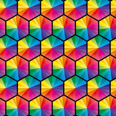 Colorful hexagonal pattern wallpaper background with vibrant rainbow colors.