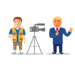Cartoon Characters Reporter with Cameraman. Vector