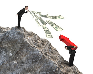 Boss using megaphone spraying out dollar bills yelling at employ