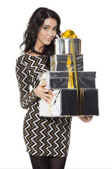 Charming Woman Holding Gifts. Happy New Year. Marry Christmas.