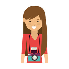 avatar hipster woman smiling with photographic professional camera around her neck over white background. vector illustration