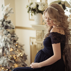 Beautiful Pregnant Woman In A Holiday Dress. Christmas Tree 