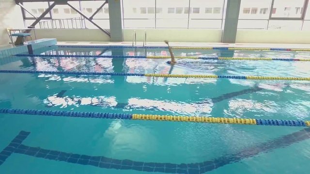 Professional woman swimmer training in swimming pool. Aerial view.