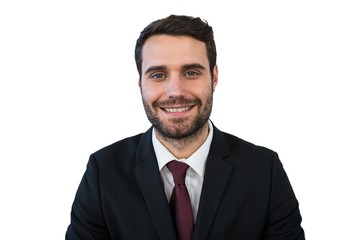 Confidence businessman smiling against white background