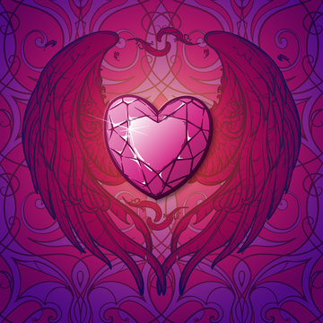 Detailed realistic drawing of a ruby gemstone surrounded with heart shaped wings. St. Valentine's day greeting card, astrology article, business card or corporate design. EPS10 vector illustration