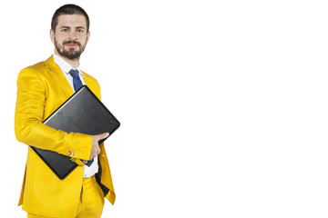 portrait of a happy businessman computer at hand