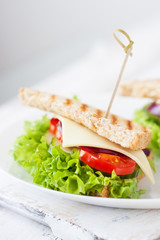 Homemade tasty vegetarian sandwich with fresh vegetables and cheese, closeup, selective focus.