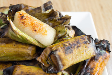 Grilled Sticky rice with taro / Original Thai dessert.