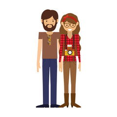 hipster couple man and woman smiling with camera around his neck. vector illustration