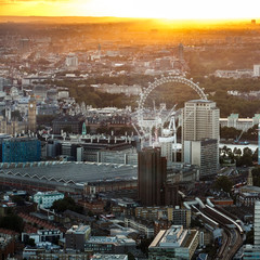 London Eye and Big Ben by the river Thames from above