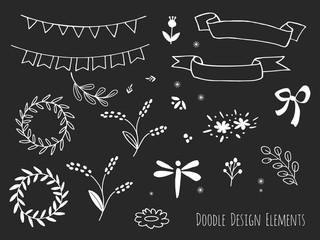Collection of hand drawn doodle design elements isolated on black background. Set of handdrawn dragonfly, borders, laurel wreath, floral dividers, bunting flags. Sketched shapes. Vector illustration.